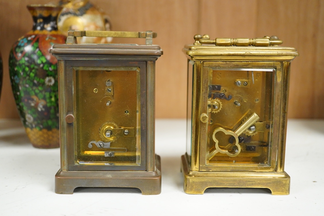 A brass carriage timepiece with alarm and one other, one with key, largest 15cm high